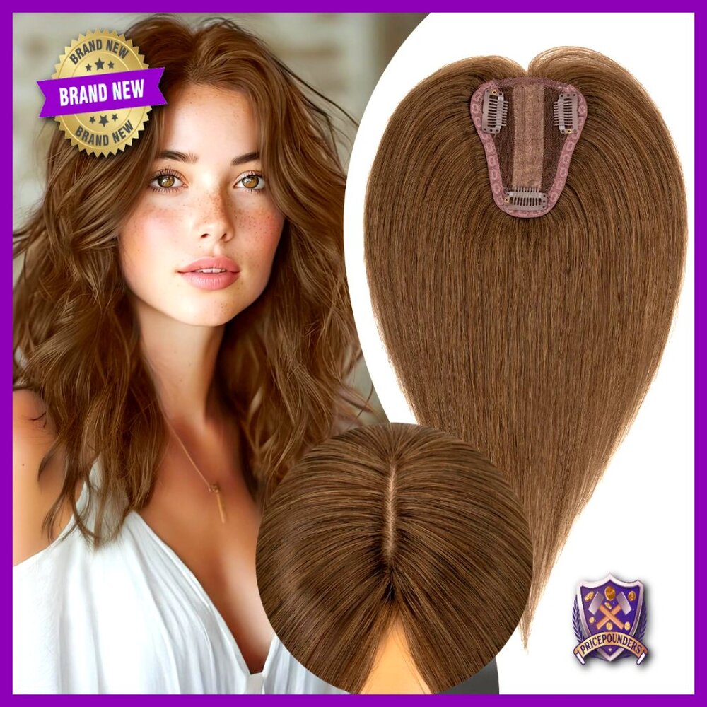 Human Hair Topper Silk Base Realistic Scalp Clip In 150% Density No Bangs